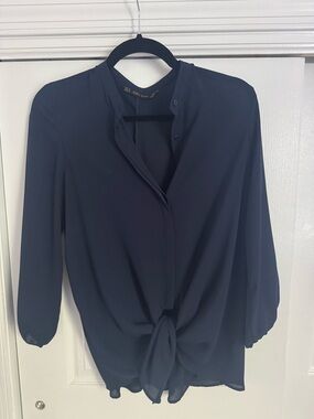 Zara Navy Tie-Front Blouse - Dark Blue Long Sleeve Top